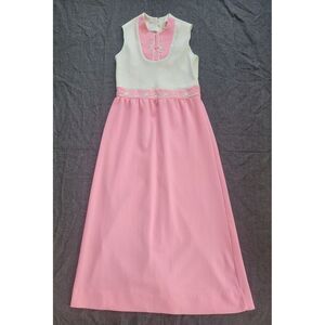 Vintage 60s 70s Pink White Maxi Dress Mod Hippy‎ Retro Knit Details Size S/M